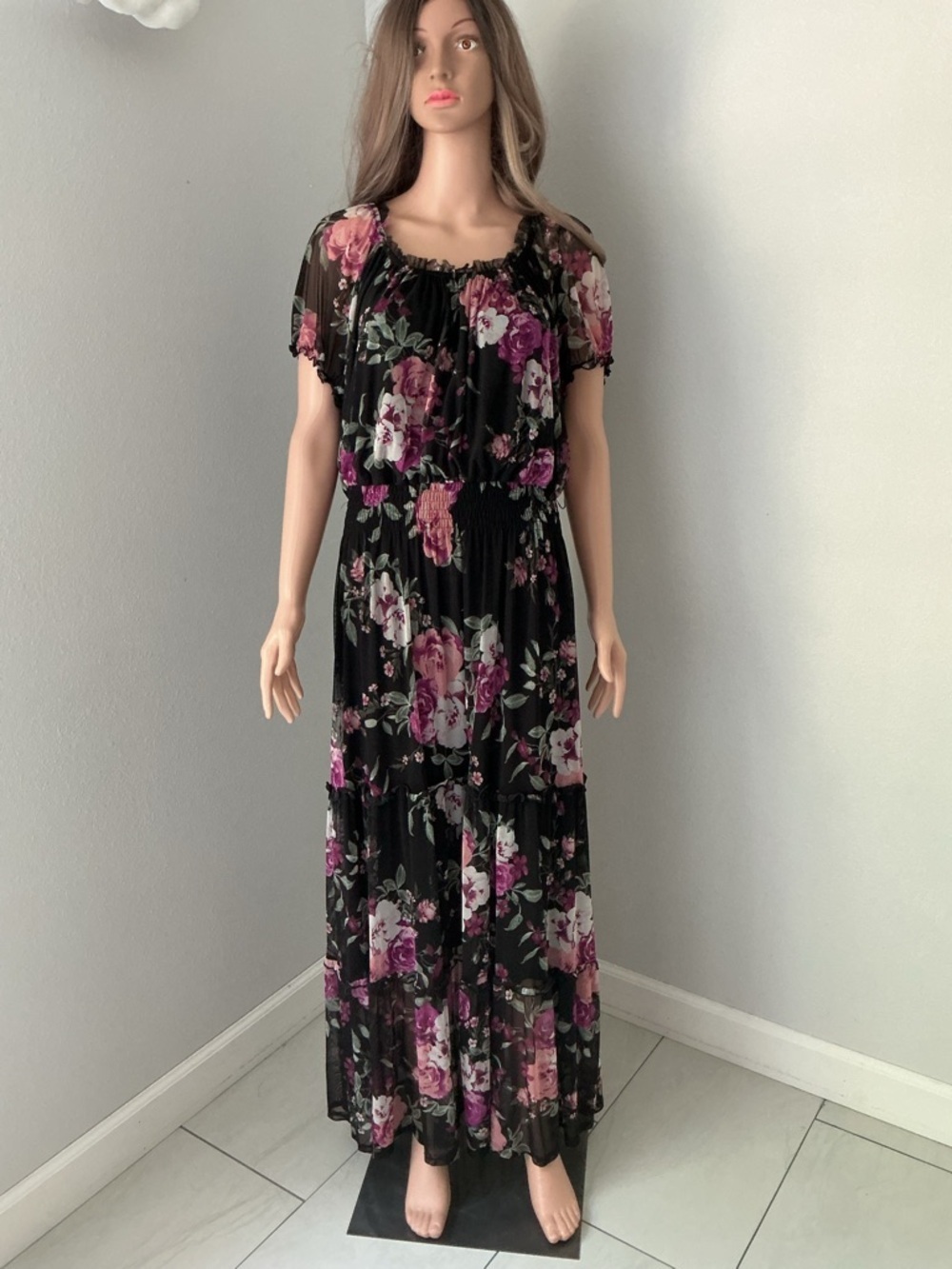 Kate and lily Elegant Black Maxi Dress with Pink & Purple Floral Print